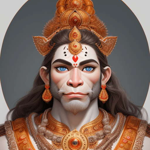 AI generated: The face of Lord Hanuman, dressed in divine attire, featuring blue eyes and brown hair on the body, ...