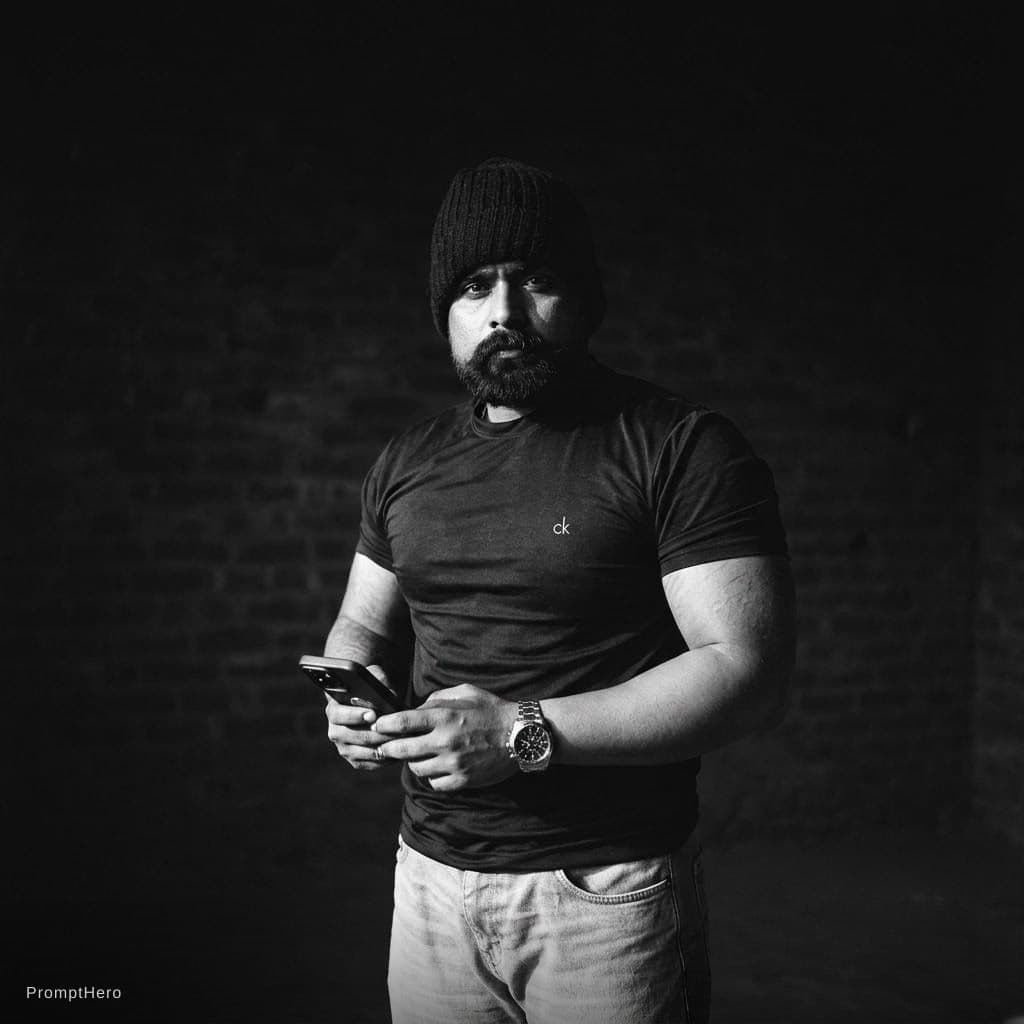 AI generated: Ultra-realistic black and white cinematic fullbody portrait of Muhammad Ali standing, side lighting,...