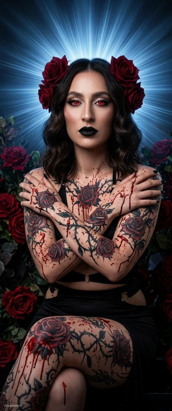 AI generated: A stunningly beautiful woman with dark hair adorned with red roses, glowing red eyes, and full black...