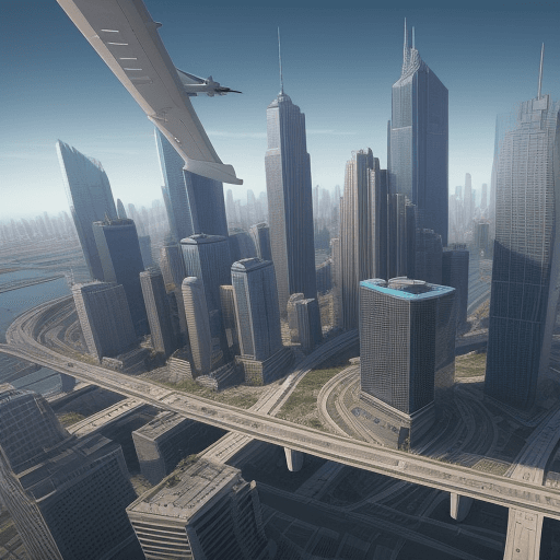 AI generated: a modern city in the year 33333 with modern cars,planes and skyscrapers
