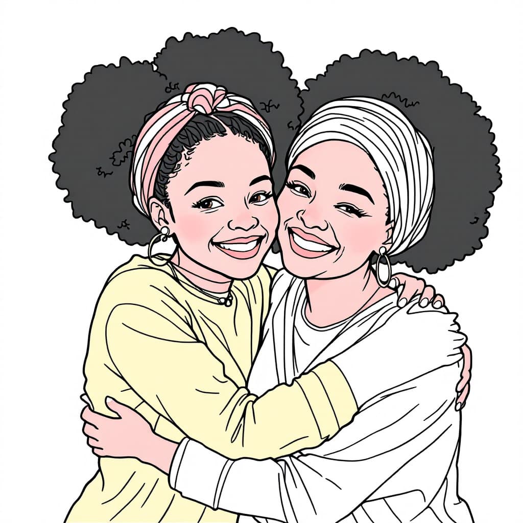 AI generated: create a coloring page image of an african american girl and her mother smiling and hugging