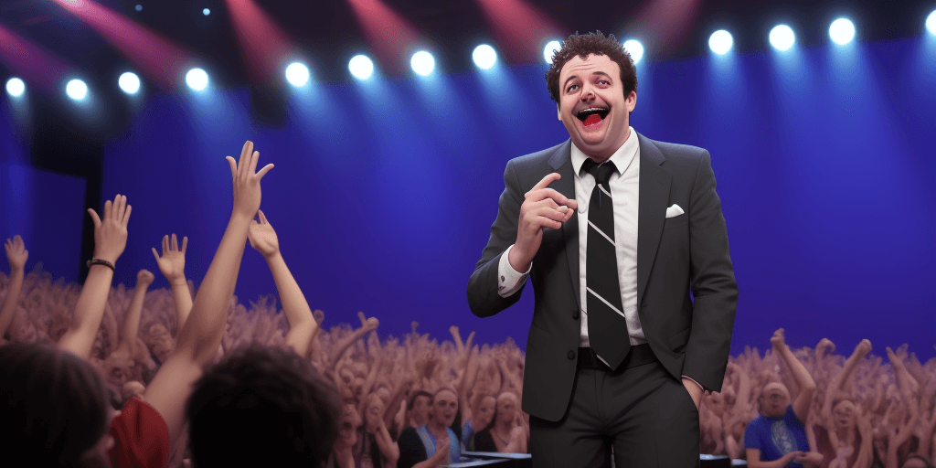 AI generated: A funny man who makes people laugh is on stage