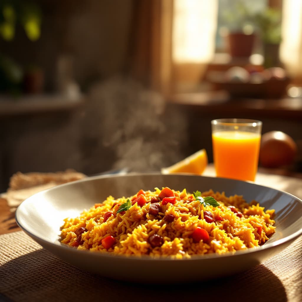 AI generated: The Nigerian jollof rice in a large on a mat in an African home, with a cup of orange juice next to ...