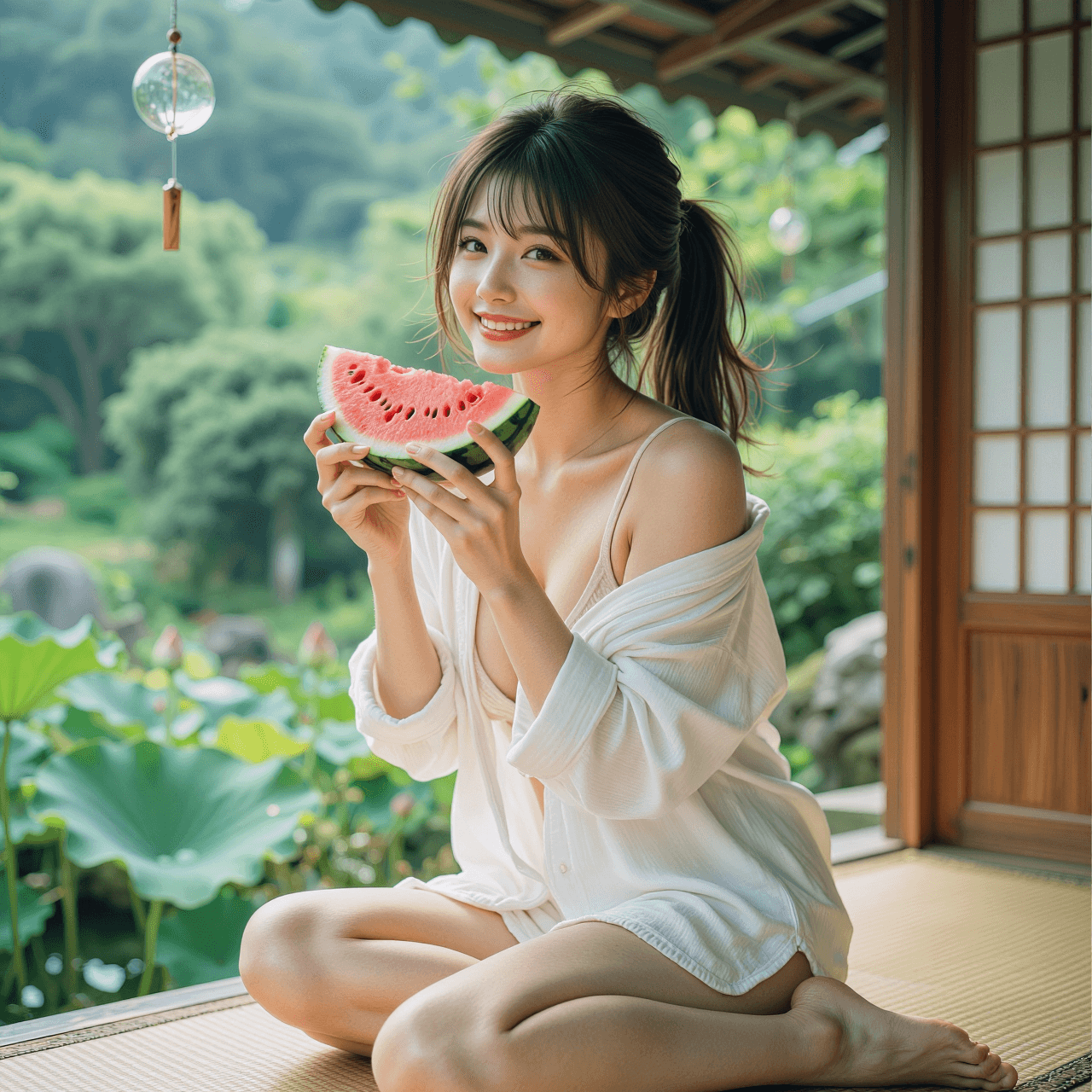 AI generated: A vertical ultra-realistic masterpiece photograph of a beautiful East Asian woman with a high black ...