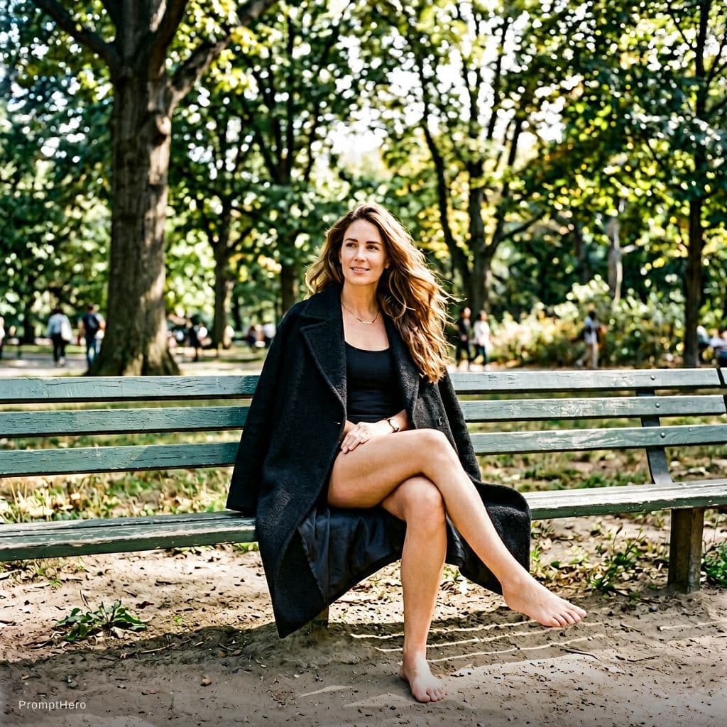 AI generated: A woman sits on a green park bench in an outdoor setting, surrounded by tall trees and natural sunli...