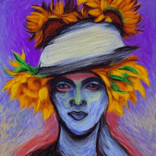 AI generated: expressionist painting, face of woman, sunflower hat, texture, 4k, focused, extreme details, art by ...