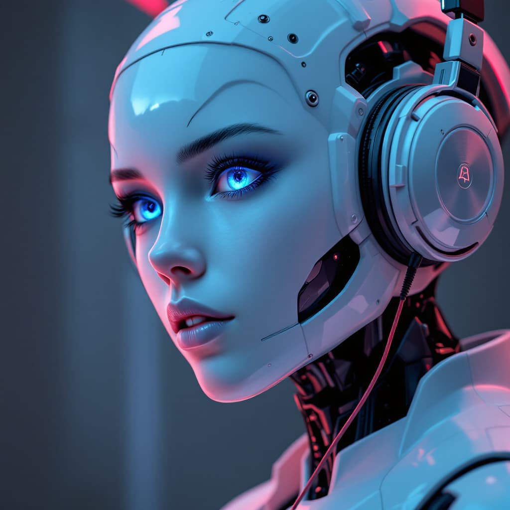 AI generated: robot girl in headphones high detail close-up