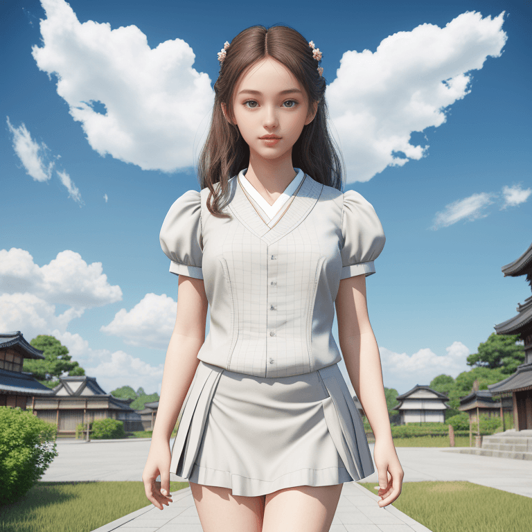 AI generated: beautiful korean 1girl, catwalk, behind back clouds like angel wings, at japanese village, good anat...