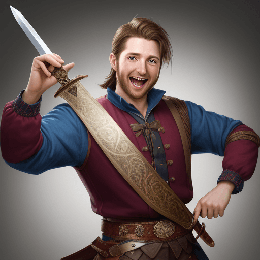 AI generated: Hyper realistic character portrait, 30 year old man with a curved sword dancing and laughing