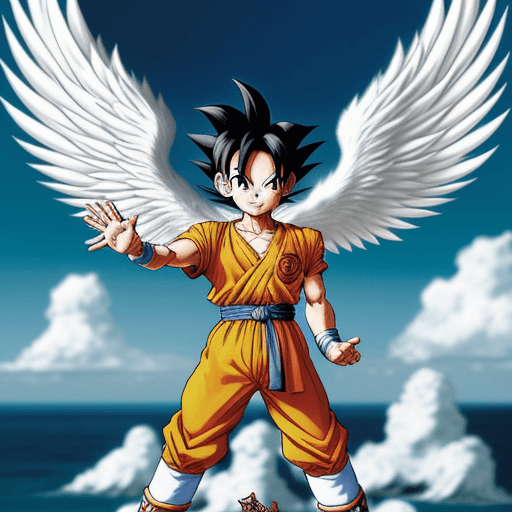 AI generated: Toriyama Akira's comic IP Goku, with white angel wings behind him and an angel ring on his head, wav...