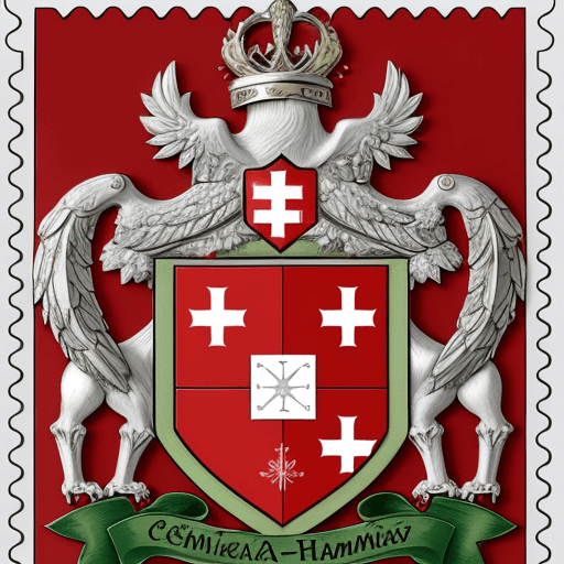 AI generated: create a family crest with the name BEN HAMIDA, it should be old, need to be red, dark green, implem...