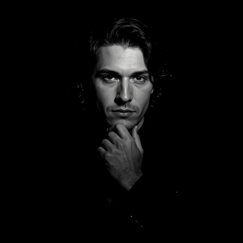 AI generated: Photograph, monochrome, front view, evoking the rawness of classic film noir with an intimate, psych...