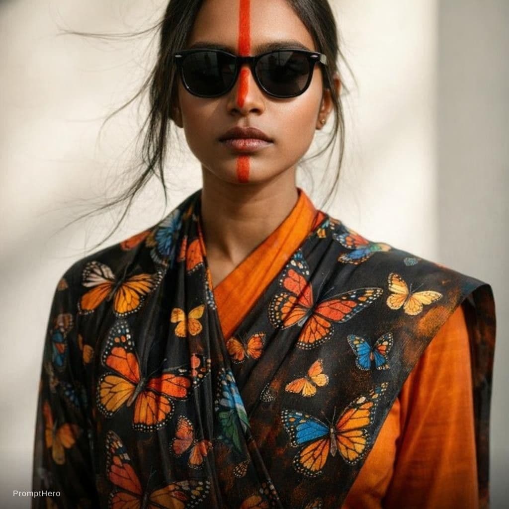 AI generated: saree with butterfly and sunglass 
