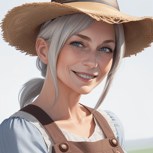 AI generated: (Masterpiece, best quality), bust up view, straw hat, close-up, ponytail, middle age woman, platinum...
