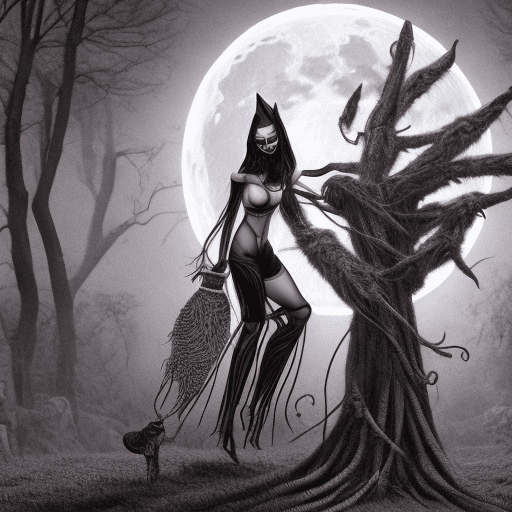 AI generated: Black and white image of sexy witch on s broom. A cat is also with her cat on the broom. She appears...