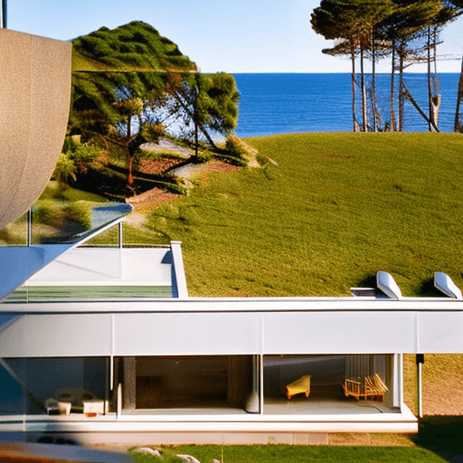 AI generated: Hyper realistic eye level exterior photo of a mid century modern style house overlooking the ocean, ...