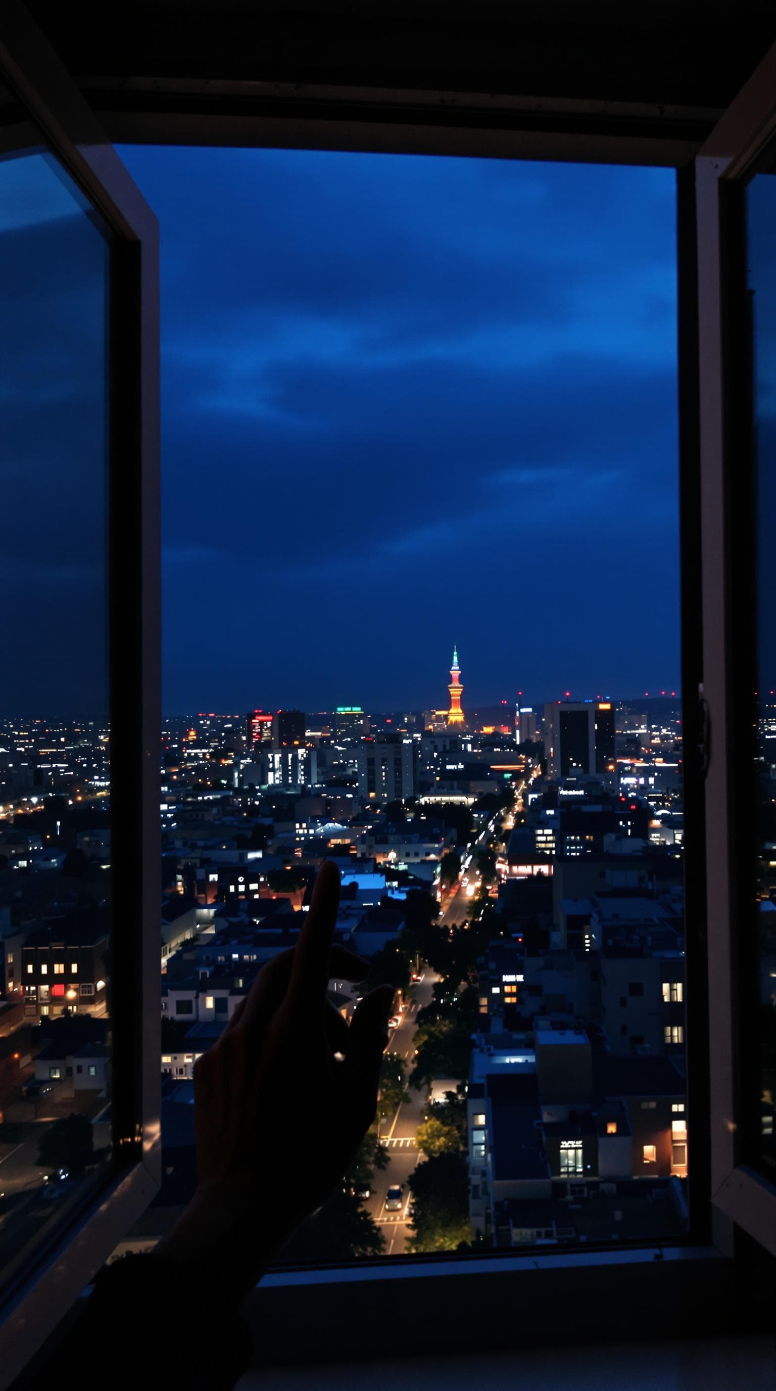 AI generated: POV first-person, I am standing by the open window, smoking a cigarette professionally, captured fro...