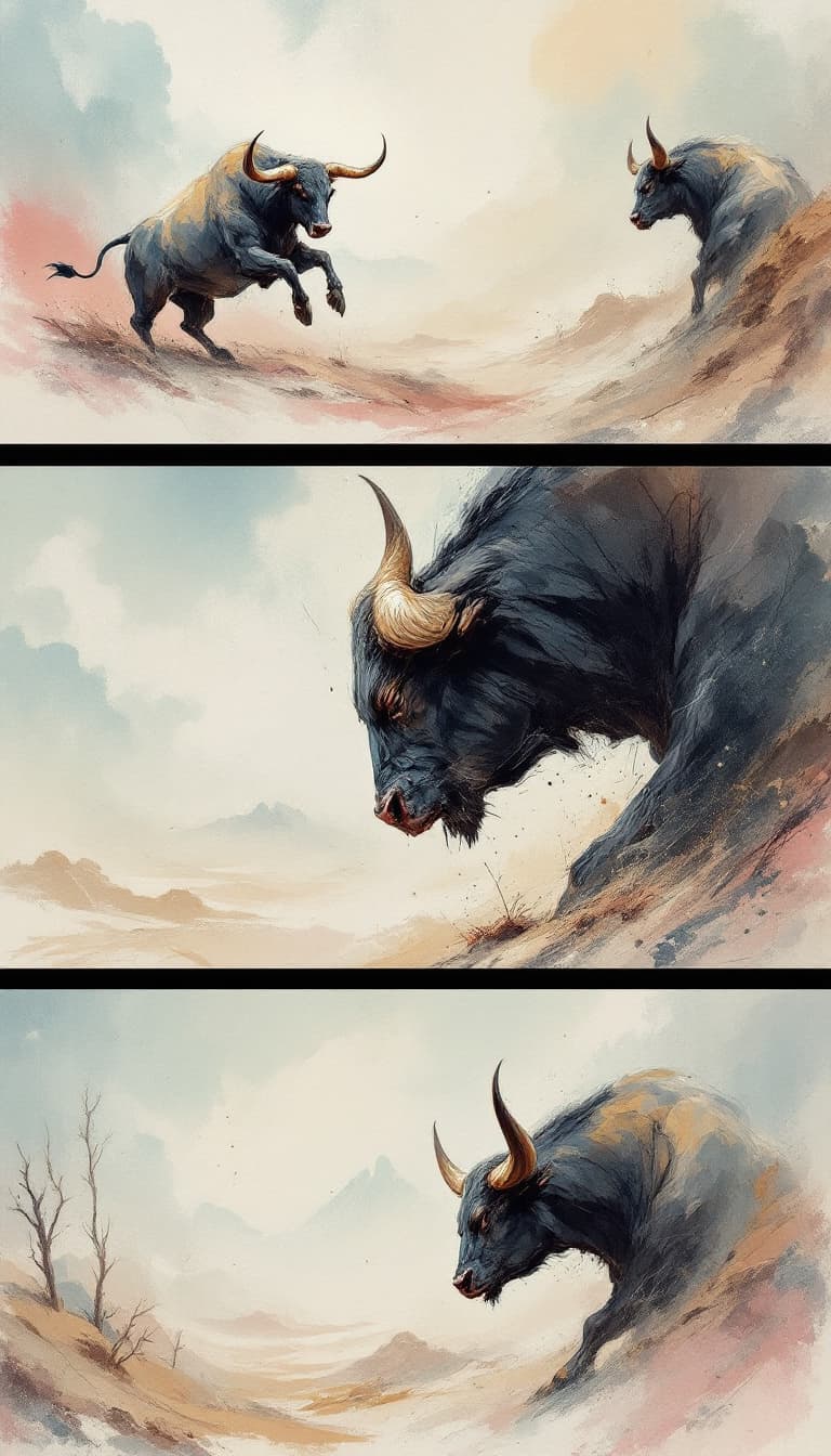 AI generated: Series of abstract landscapes of a fighting bull with curved horns and charging edges, in pastel col...