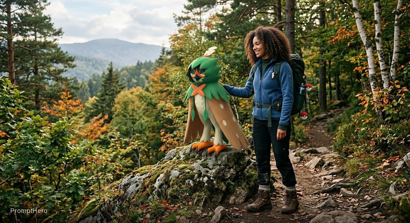 AI generated: a decidueye with a trainer wearing a blue fleece a green top black walking trousers and walking boot...