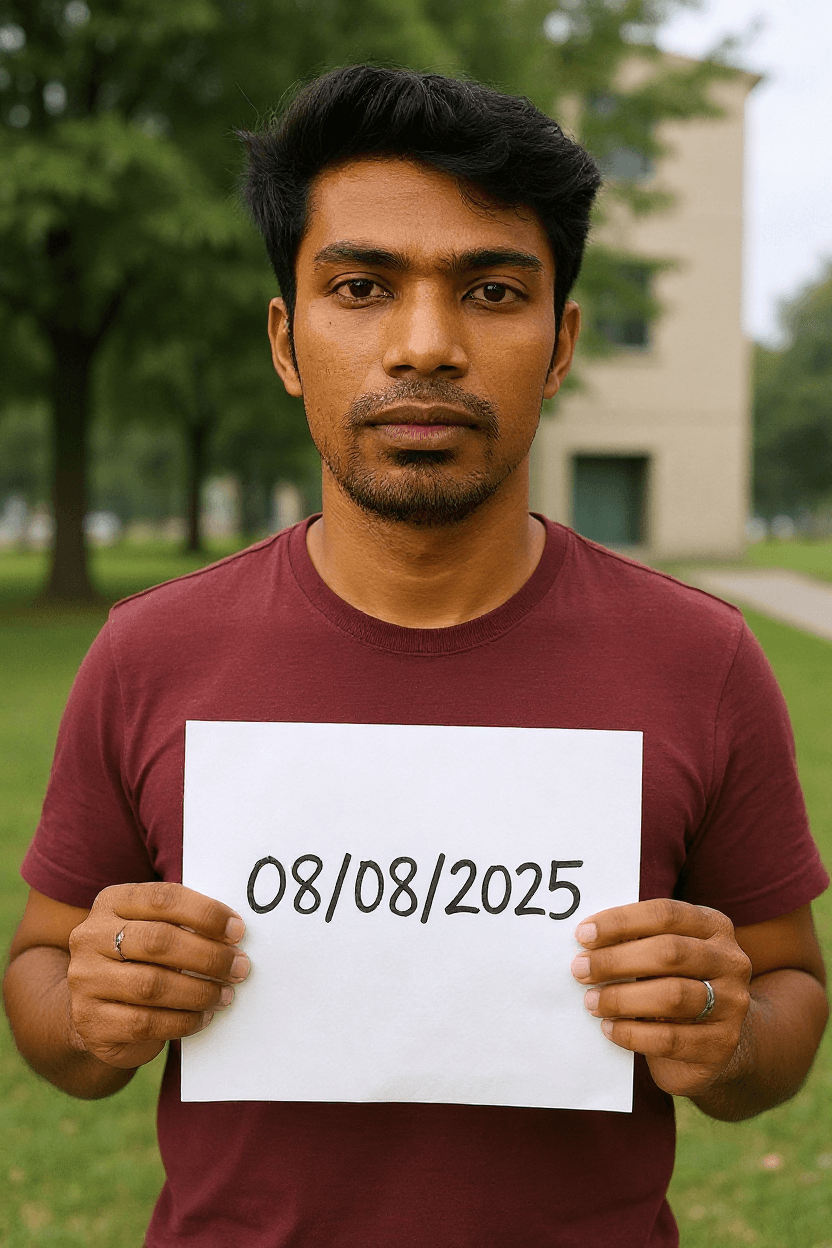 AI generated: A 32 aged Bangladeshi man holding a white paper with "08/08/2025" written on it, standing in front o...