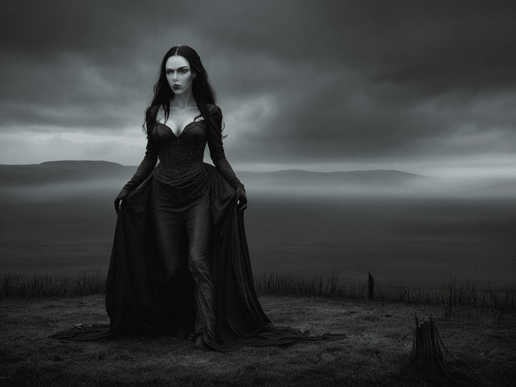 AI generated: The image depicts a dramatic and eerie scene, set against a wide, panoramic backdrop of dark and for...