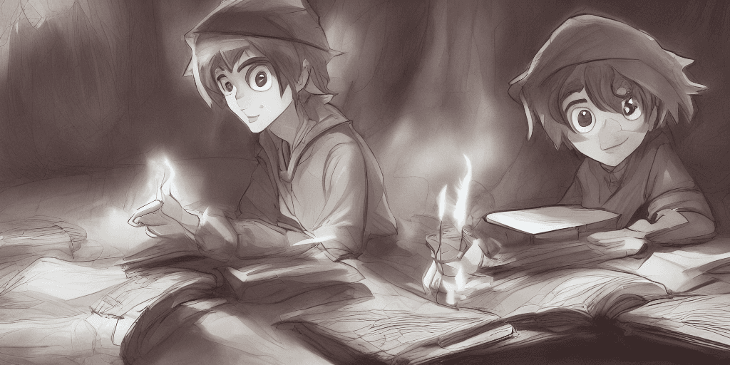 AI generated: a young boy mage with a brown cloak and brown hair is standing at his desk working on a new spell, c...