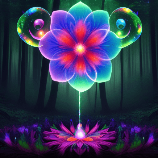 AI generated:  psychedelic flower with lightful bubble bloom, standing in forest clearing, digital art 