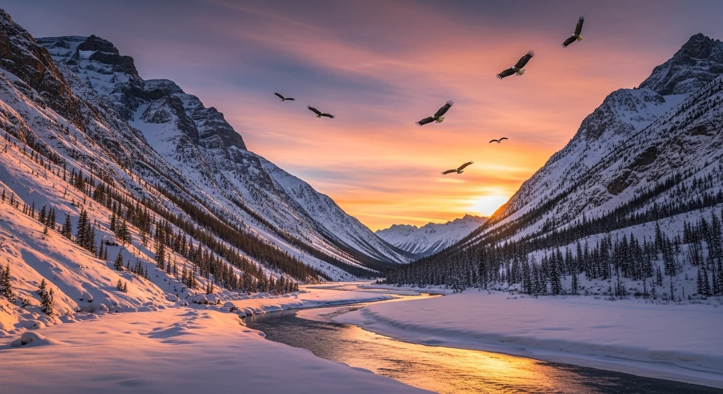 AI generated: A realistic, wide angle, panoramic view of a snow covered mountain pass at sunset. Bald eagles fly o...