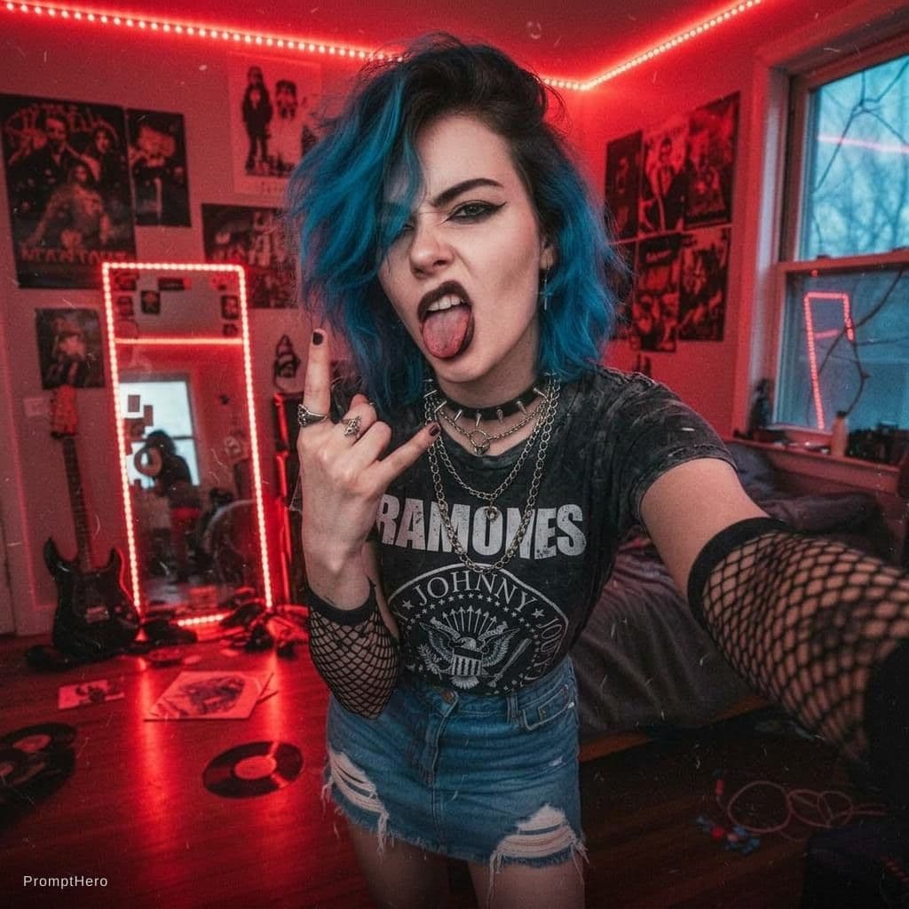 AI generated: “A rebellious punk-girl selfie taken at arm’s length with a phone camera.
She’s standing in her mes...