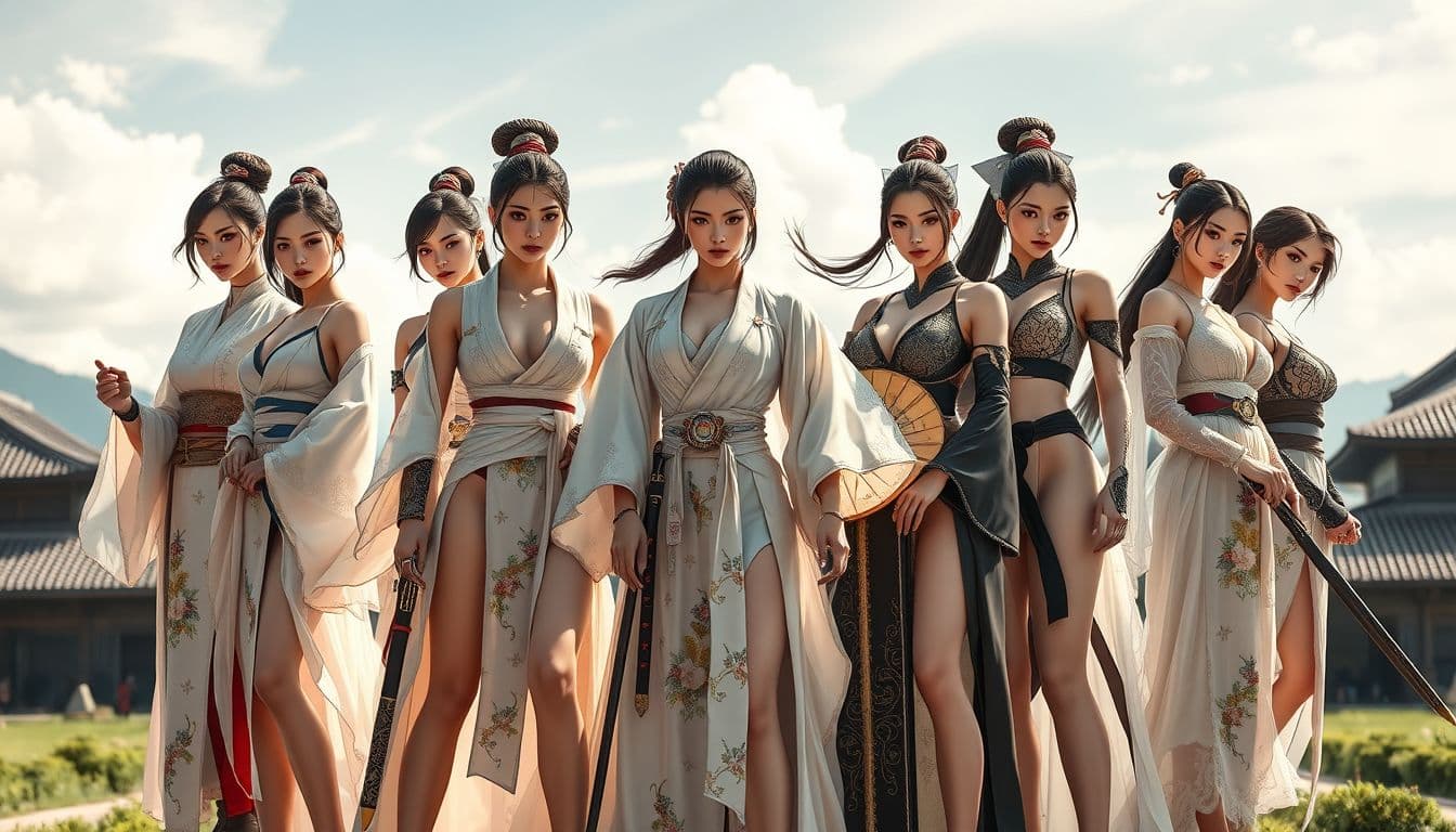 AI generated: "A group of seven fierce, Japanese superheroines standing together in a serene feudal Japanese villa...