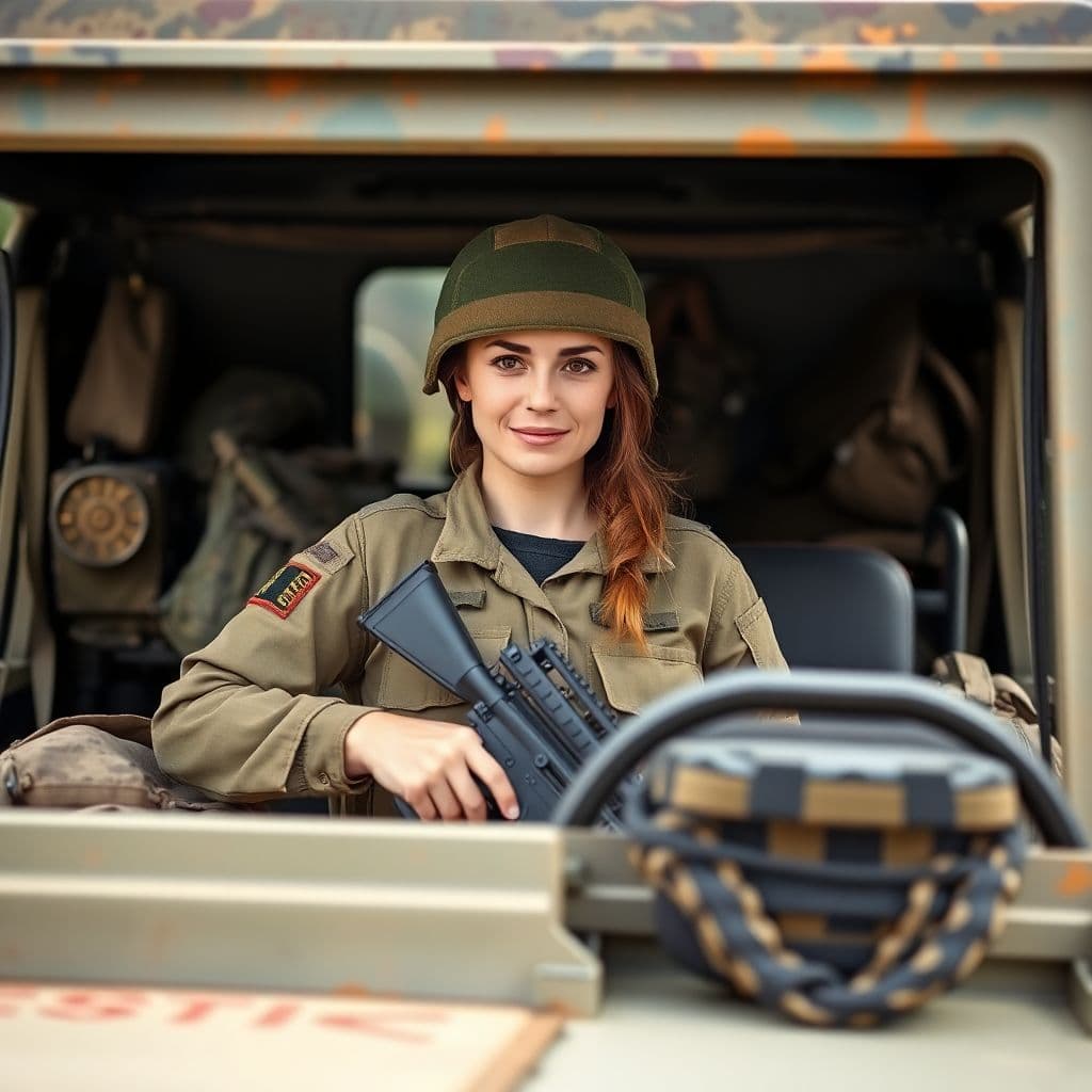 AI generated: A nice female soldier standing behind an army Jeep with military gear and supplies, including a visi...