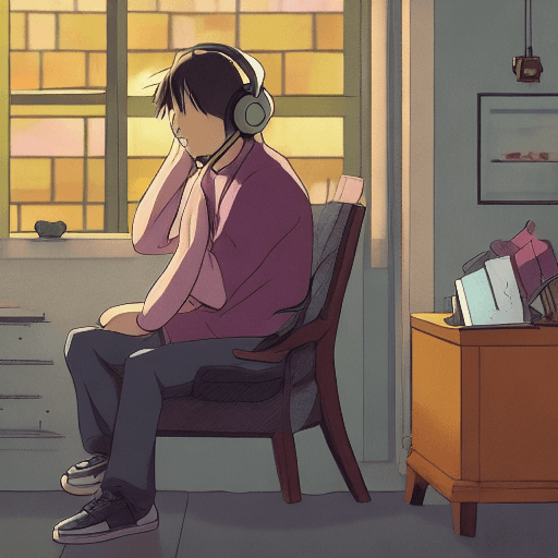 AI generated: high definition anime portrait of a man sitting in an armchair at home thinking about things, with h...