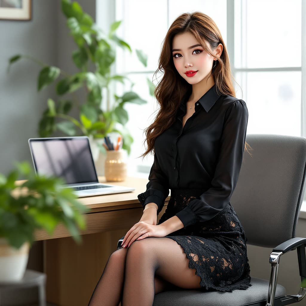 AI generated: A highly attractive anime  woman .  A pretty model wearing a black blouse with a black lace skirt an...