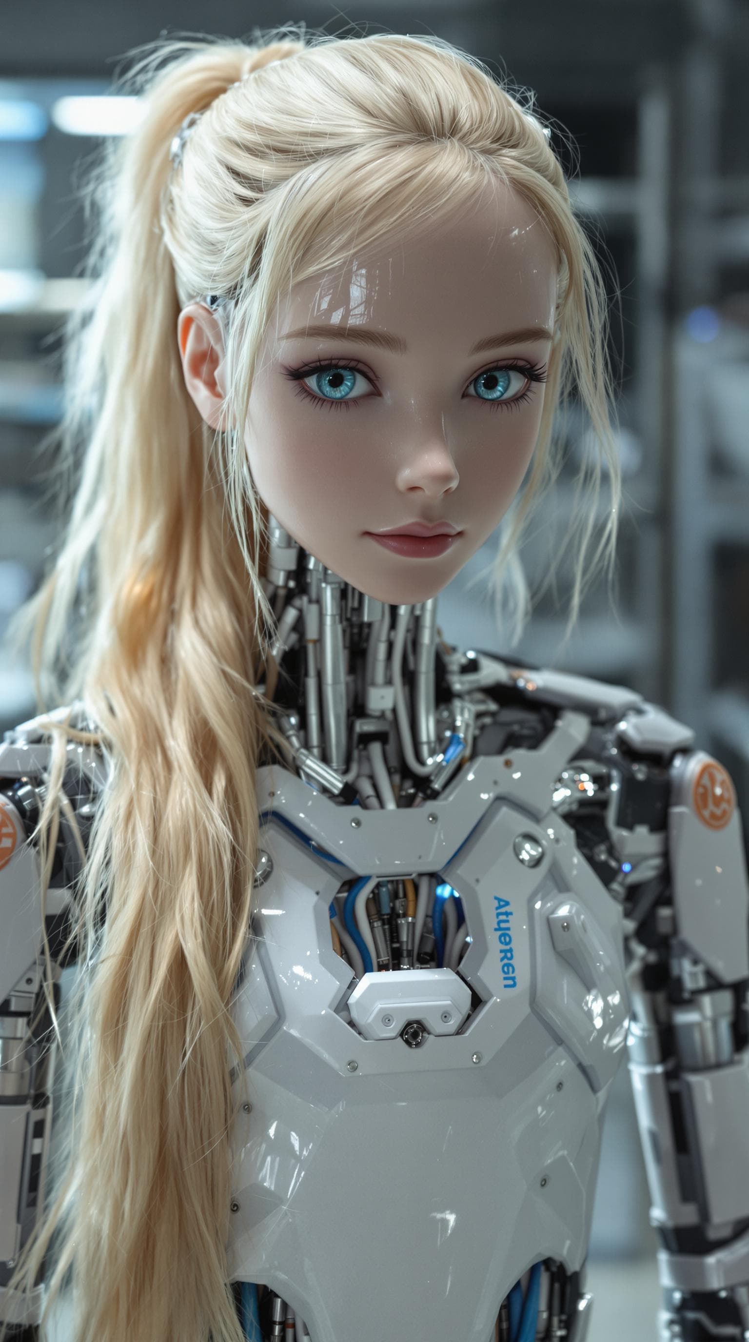 AI generated: exceptionally beautiful blonde hair blue eyed (age 11), artificial intelligence robot, (futuristic),...