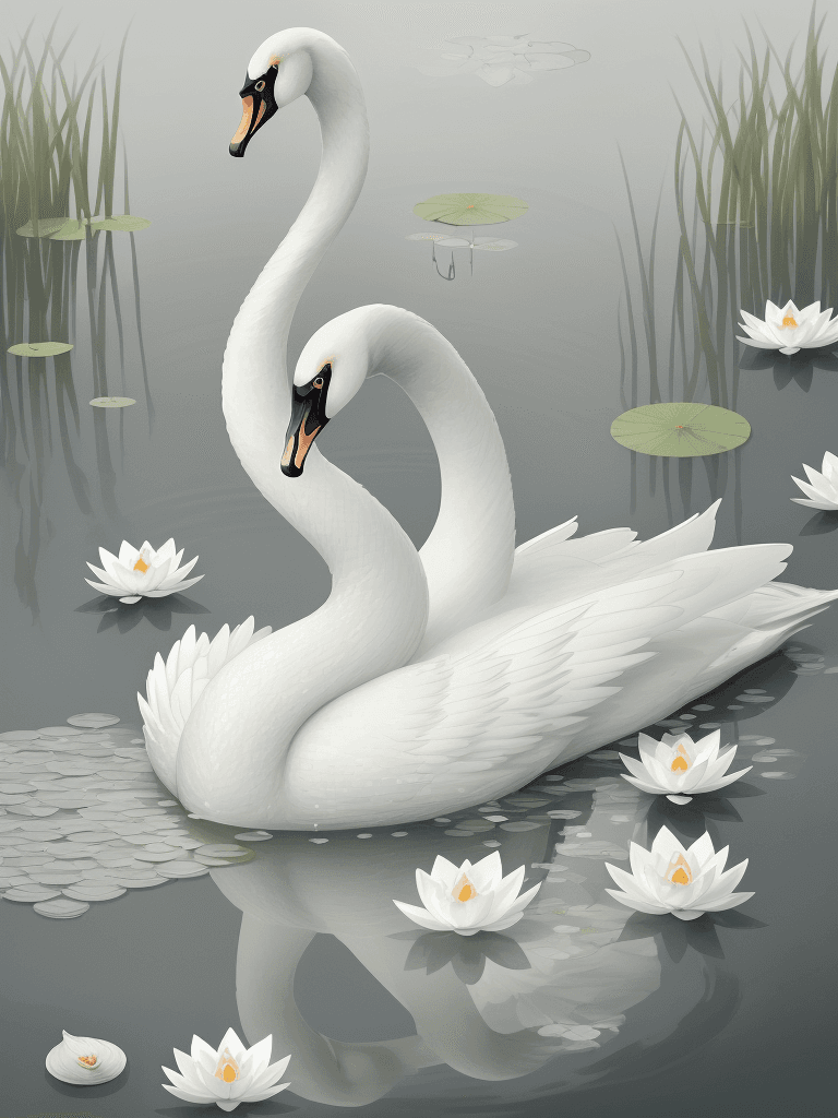 AI generated: A graceful swan with pure white feathers and elegant lily pads detailed with delicate water droplets...
