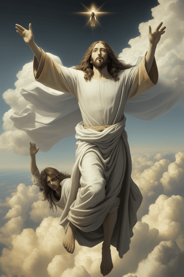 AI generated: Christ coming to earth, second coming of Christ, hyper realistic, riding on the clouds with saints -...