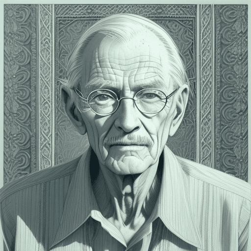 AI generated: Intricate intaglio etching of a 80 years old man::5 The man is beautiful, slender, alluring. She loo...