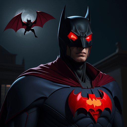 AI generated: a vampire in a red and blue V shape superhero suit with a SCARLET batman mask flying towards the scr...