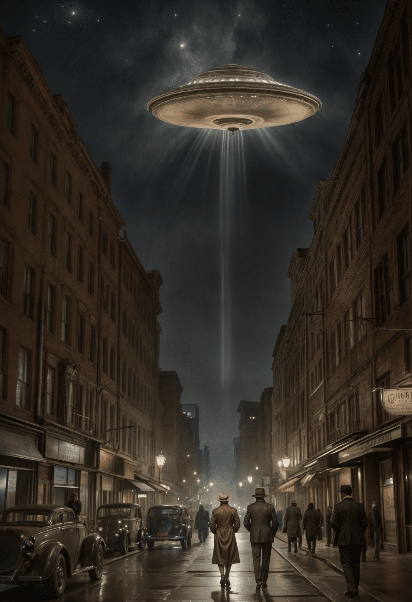 AI generated: In this color vintage-style image from the 1930s, a UFO (Unidentified Flying Object) hovers over the...