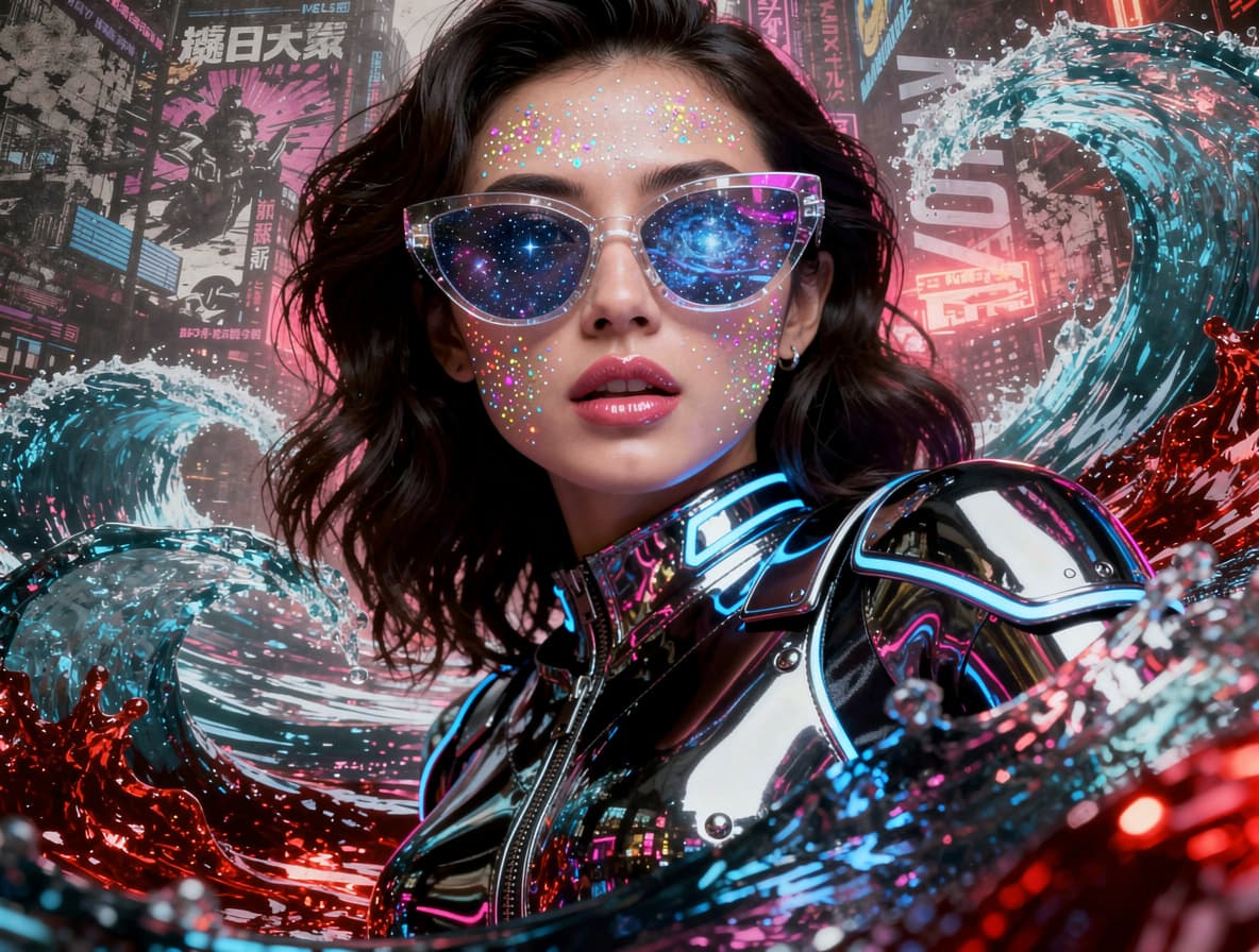AI generated: close-up, gloss, bright colors, stylish beautiful girl, mirrored glasses, lacquered, glamorous, unde...