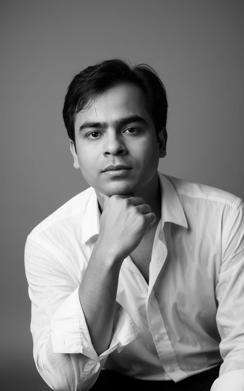 AI generated: Black and white fine art portrait of a young man, with short, slightly messy hair framing his delica...