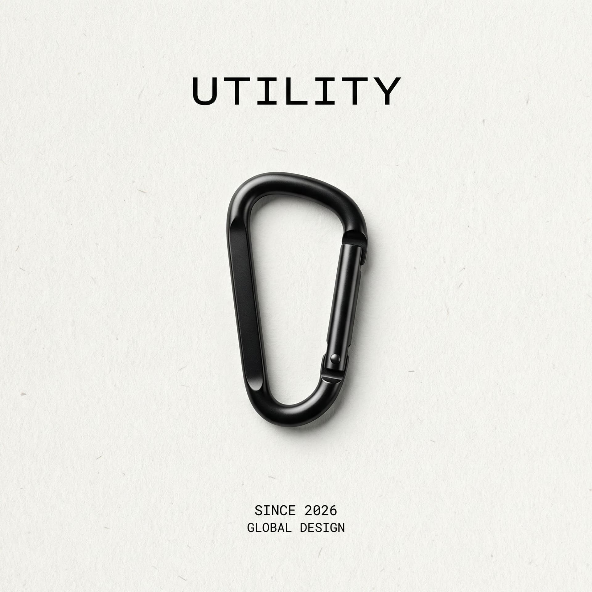 AI generated: A hyper-minimalist graphic design poster. A single, sleek, matte black **carabiner** centered on a c...