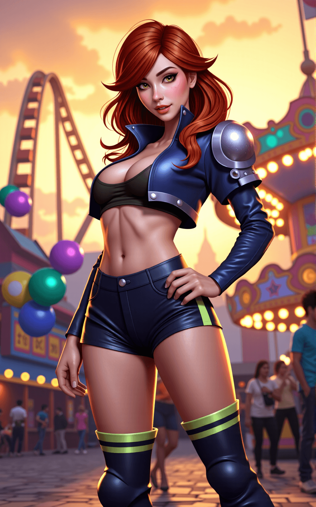 AI generated: A vibrant splash art scene inspired by Brawl Stars captures a bustling theme park at golden hour, ro...