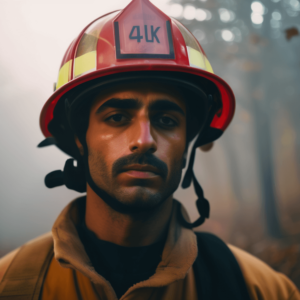 AI generated: A captivating 4K close-up of an Arab firefighter in autumn, bathed in the ethereal glow of a dream, ...
