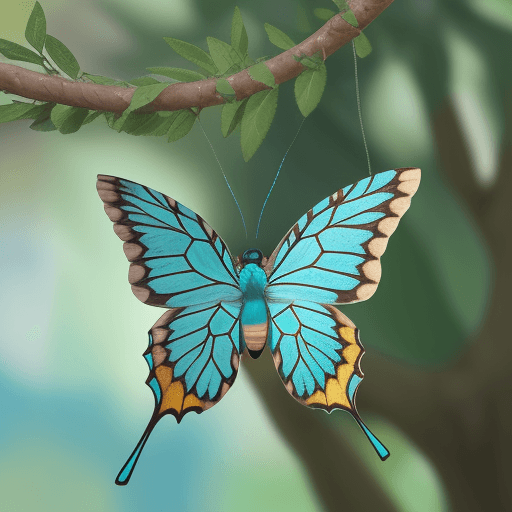 AI generated: MARIPOSA TURQUESA CON ALAS ABIERTAS POSADA EN UN ÁRBOL INMENSO