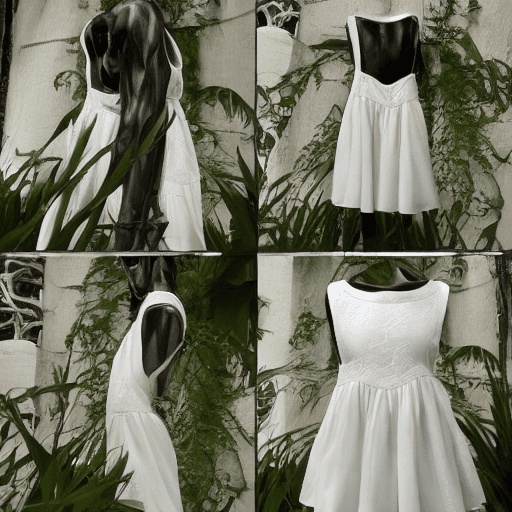 AI generated: center front display photo of a white dress with black lace trimming, show all, center display, fron...