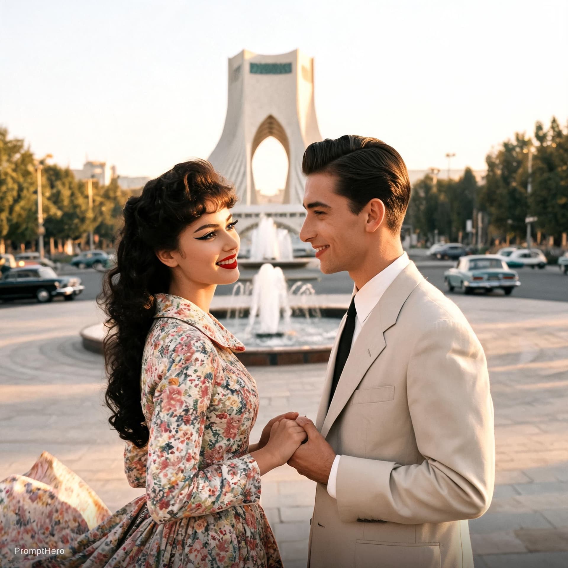 AI generated: The young couple from the 1950s stands in the heart of Tehran, with the iconic Azadi Square (formerl...