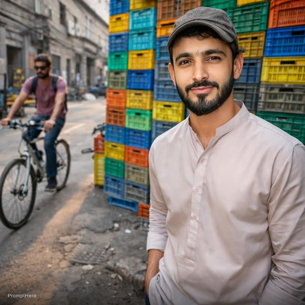 AI generated: contemporary street scene, professional man model with a colorful backdrop of stacked crate, street ...