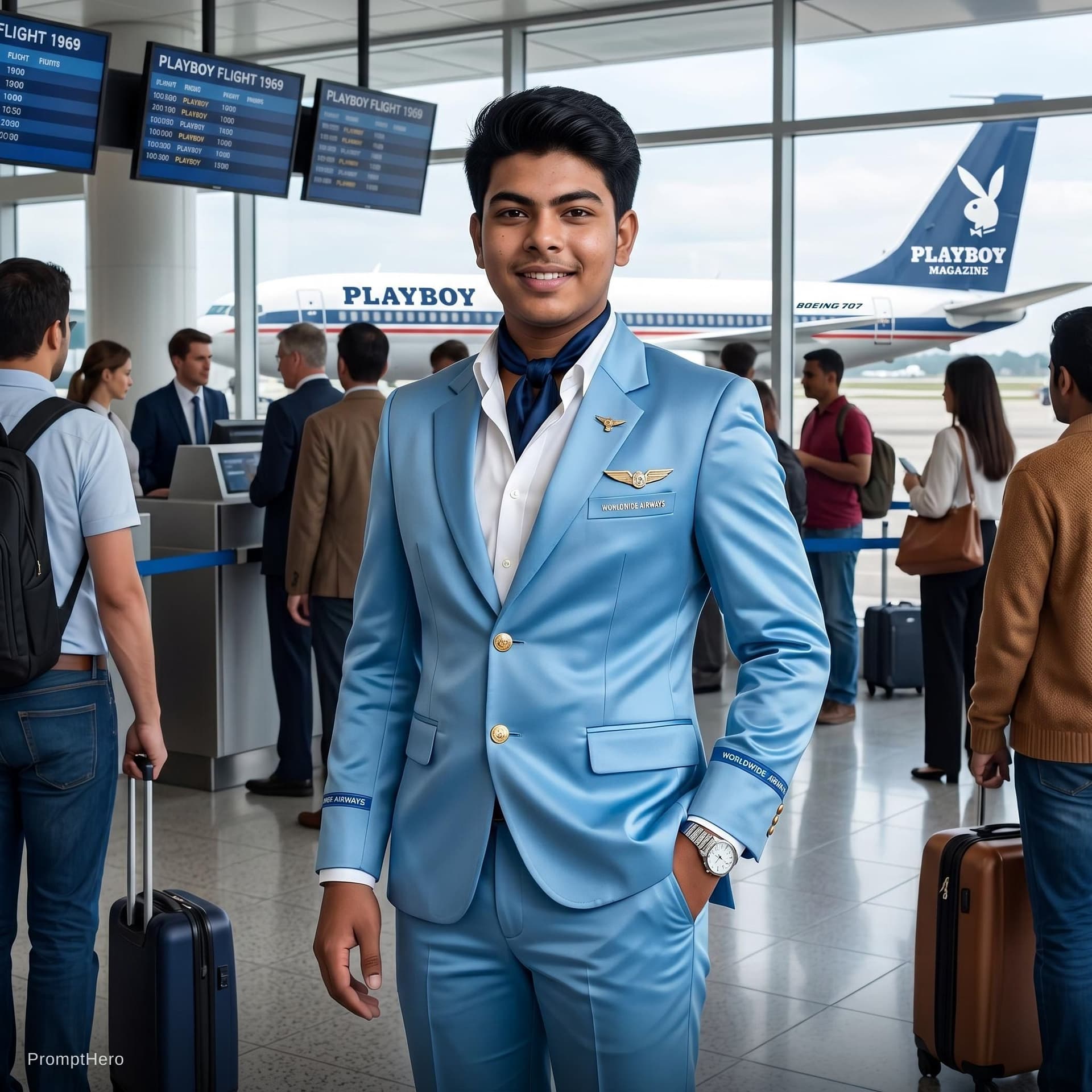 AI generated: (photo of a hot stewardess posing for playboy magazine), (breathtaking:1.58), ((wearing light blue s...