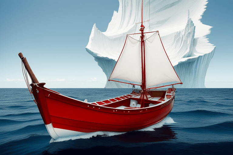 AI generated: A surreal image of a small wooden fishing boat with white and red details, floating on a vast and ca...